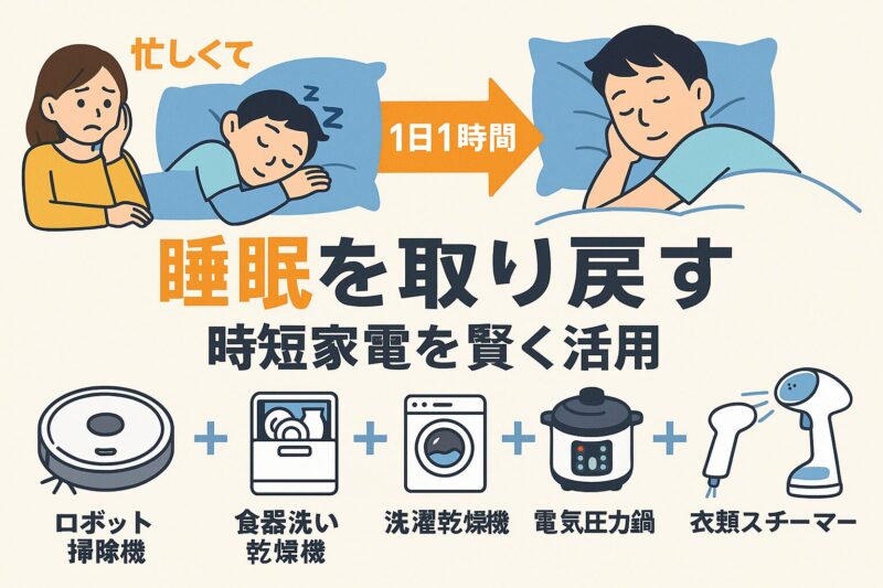 1日1時間の睡眠を取り戻すための日本人向け時短家電5選とその仕組みを視覚化した図解(Japanese infographic explaining how to reclaim 1 hour of sleep with 5 time-saving appliances)