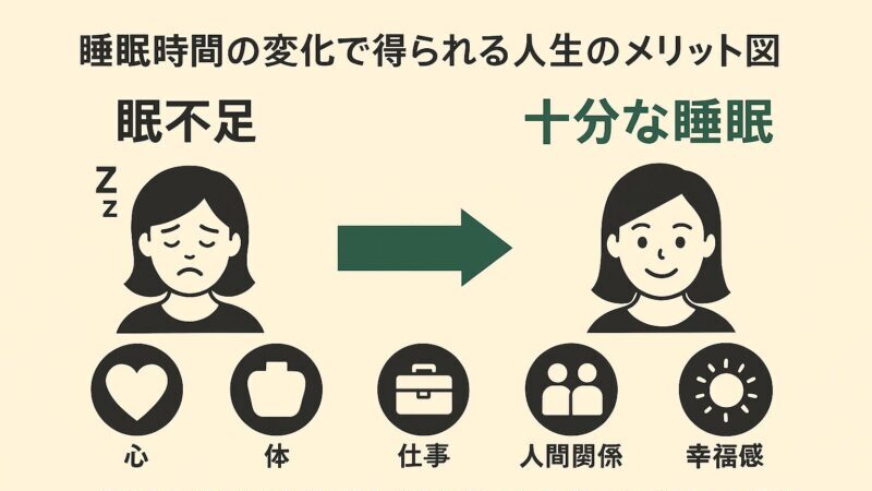 睡眠不足と十分な睡眠の比較による心・体・仕事・人間関係・幸福感の変化を示す図(Comparison chart showing changes in mind, body, work, relationships, and happiness between sleep deprivation and sufficient sleep)