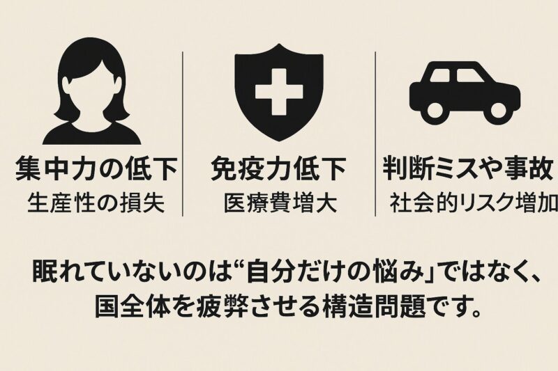睡眠不足が日本社会に及ぼす影響をまとめた横長インフォグラフィック(Horizontal infographic showing impacts of sleep deprivation on Japanese society)