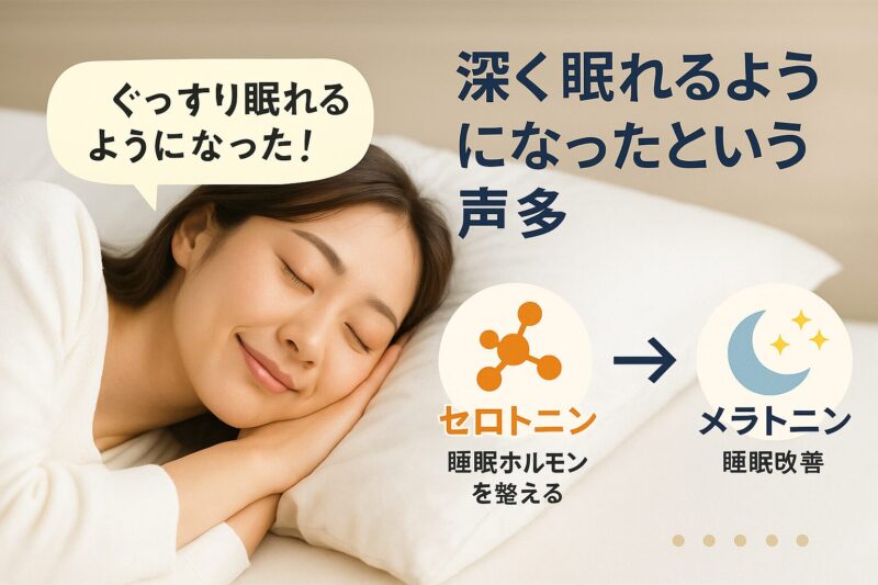 セロトニンとメラトニンによる睡眠改善と利用者の声を示す日本語図解(Japanese visual showing sleep improvement via serotonin and melatonin with user comment)