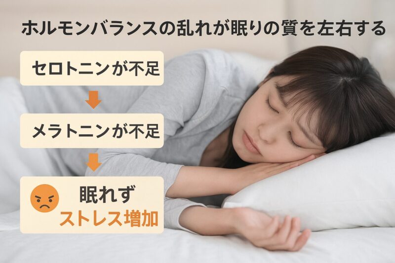 ホルモンバランスの乱れと睡眠の質の関係を示す日本人女性の図解(Japanese woman with infographic showing how hormonal imbalance affects sleep quality)