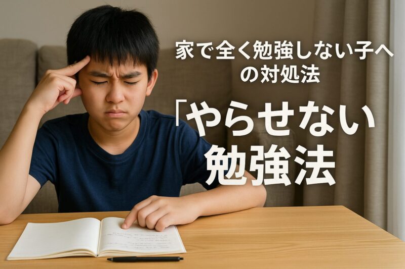 家で勉強しない子への対処法として「やらせない勉強法」を伝える日本人の少年のリアルな写真｜Realistic photo of a Japanese boy looking frustrated at his desk, illustrating a non-coercive study method for children who don't study at home
