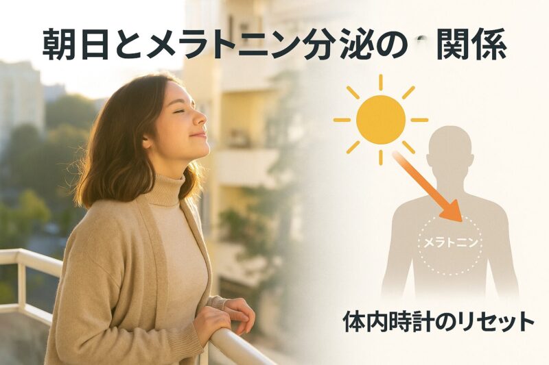 朝日を浴びることでメラトニン分泌がリセットされる様子を示す図解(Infographic showing how sunlight resets melatonin levels)