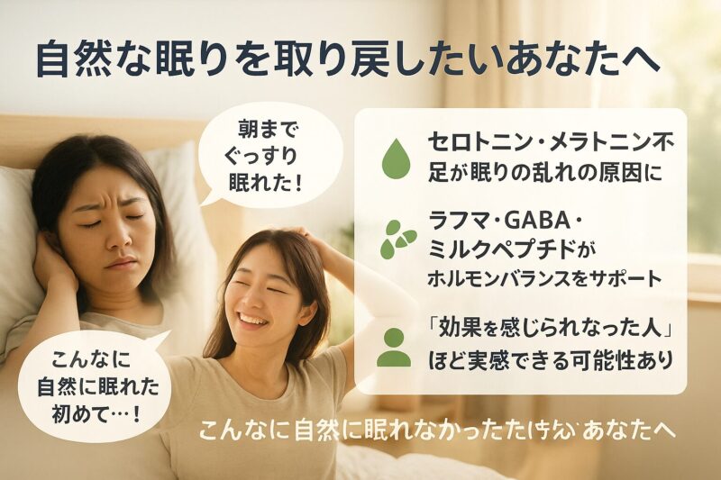 睡眠の乱れとセロトニン・ラフマの改善効果を伝えるビフォーアフター型図解(Japanese infographic showing sleep improvement via serotonin and Lafuma support)