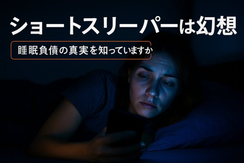 ショートスリーパーの幻想と睡眠負債の危険性を伝える横長アイキャッチ画像（Eyecatch image showing the danger of short sleep myth and sleep debt）