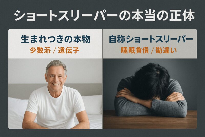 ショートスリーパーの本物と自称の違いを比較する図(Infographic comparing true and self-claimed short sleepers)