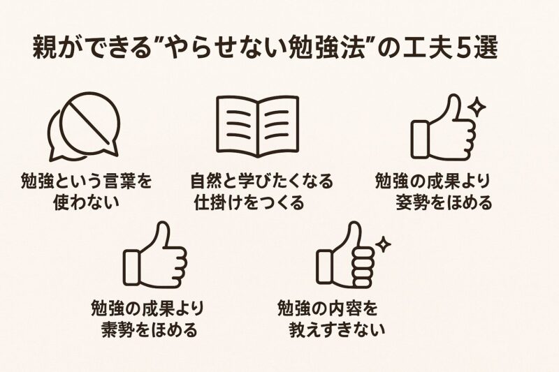 親ができる“やらせない勉強法”の5つの工夫をシンプルにまとめた日本語インフォグラフィック(Japanese infographic showing five simplified non-coercive study strategies for parents)