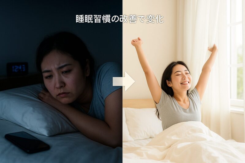 睡眠に悩む日本人が改善後にすっきり目覚める様子を比較したリアル写真(Realistic before-and-after image of a Japanese person showing improved sleep quality