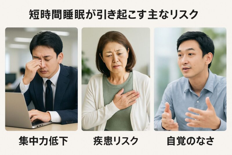 短時間睡眠が引き起こす主なリスクを説明する図解(Diagram showing main risks caused by short sleep duration)