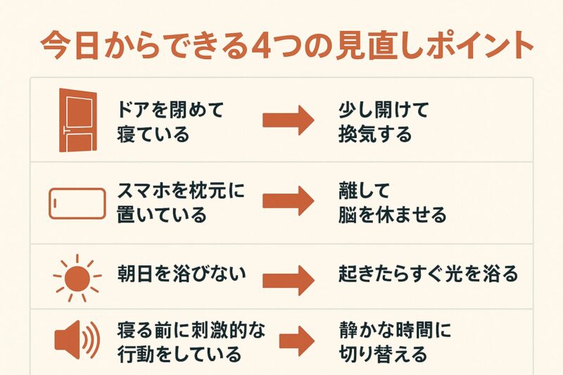 睡眠の質を改善する4つの習慣をまとめた図解(Infographic summarizing four sleep-improving habits)