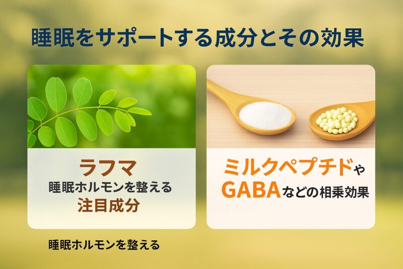 ラフマ・ミルクペプチド・GABAの睡眠成分を示した図解(Diagram of Lafuma, Milk Peptide, and GABA as sleep ingredients)
