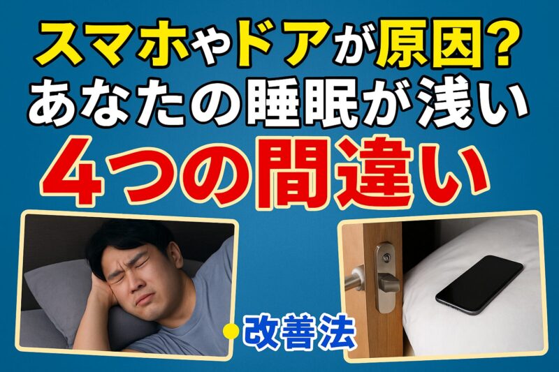 睡眠が浅くなる原因としてのスマホやドアの影響を訴える印象的なタイトル画像（Eye-catching title image highlighting smartphone and door as causes of poor sleep）