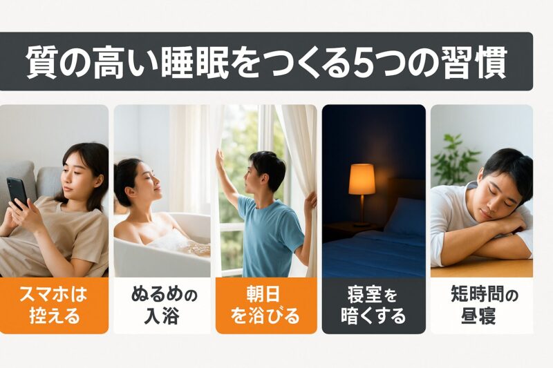 質の高い睡眠をつくる5つの習慣を示す図解(Diagram showing five habits for improving sleep quality)