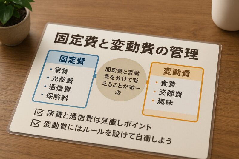 固定費と変動費の違いや管理法を写真風にまとめた図解(Photographic infographic illustrating fixed and variable expense management)