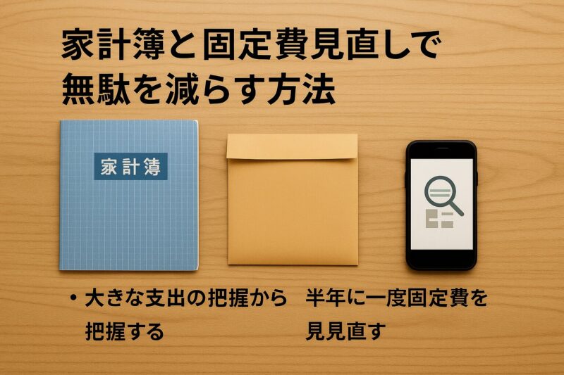 家計簿と固定費の見直しのシンプルな方法を示す写真風図解(Infographic showing simple ways to review household budgets and fixed costs in realistic photo style)
