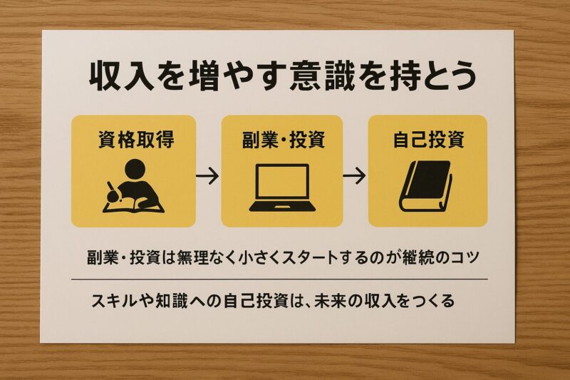 収入を増やす方法を示す図解(Diagram showing how to increase income through side jobs and self-investment)