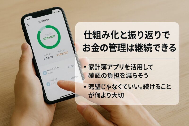 お金の管理習慣化を示す図解(Diagram showing money management habits in Japanese)