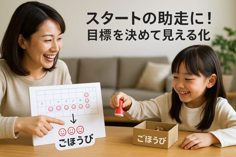 ご褒美を使って勉強習慣を定着させる流れを示す図解(Diagram showing the flow of using rewards to build study habits)