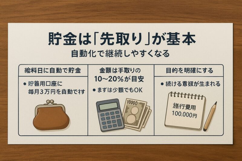 貯金を自動化する3つの方法を示す図解(Diagram showing three automated savings strategies in Japanese)