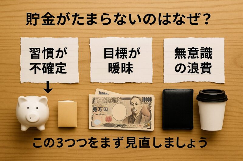 貯金がたまらない理由を示すリアルな写真風図解(Infographic showing why saving does not accumulate in a realistic photo style)