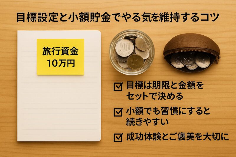 目標設定と小額貯金でやる気を維持する方法を示す写真風図解(Infographic showing how to stay motivated by setting saving goals and using small amounts in realistic photo style)