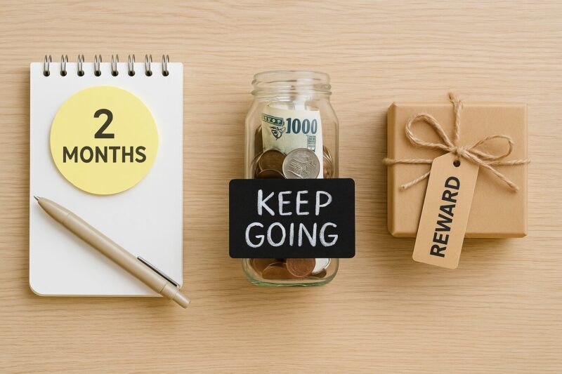 貯金習慣化の2ヶ月ルールとご褒美の要点を示す写真風図解(Photo infographic showing two-month saving habit rule and reward concept)