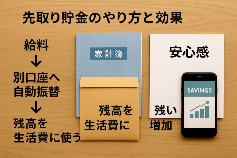 先取り貯金の流れと効果を示すリアルな写真風図解(Infographic showing saving preallocation process and its benefits in a realistic photo style)