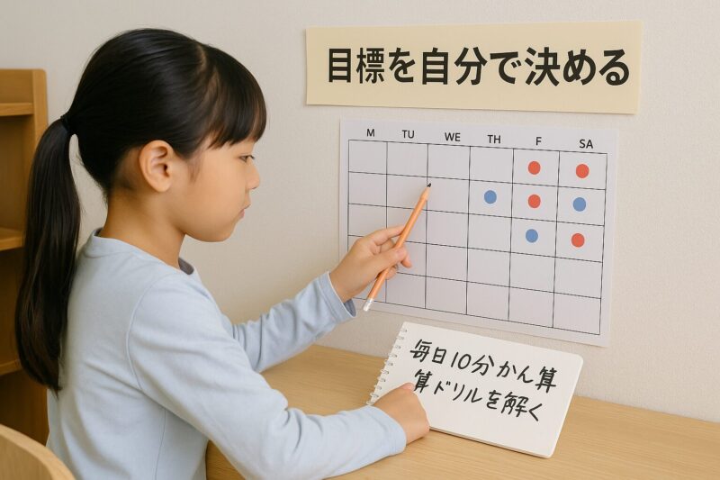 子どもが目標を立ててカレンダーで管理している様子を示す図解(Diagram showing a child setting goals and managing them with a calendar)