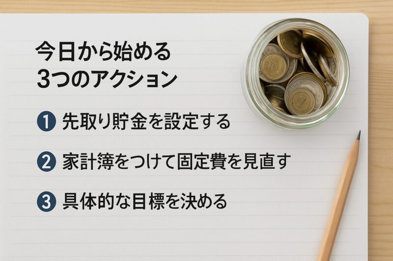 貯金を始めるための3つの行動ステップ(先取り貯金・家計簿・目標設定)
Three action steps to start saving money (automatic savings, budgeting, setting goals)