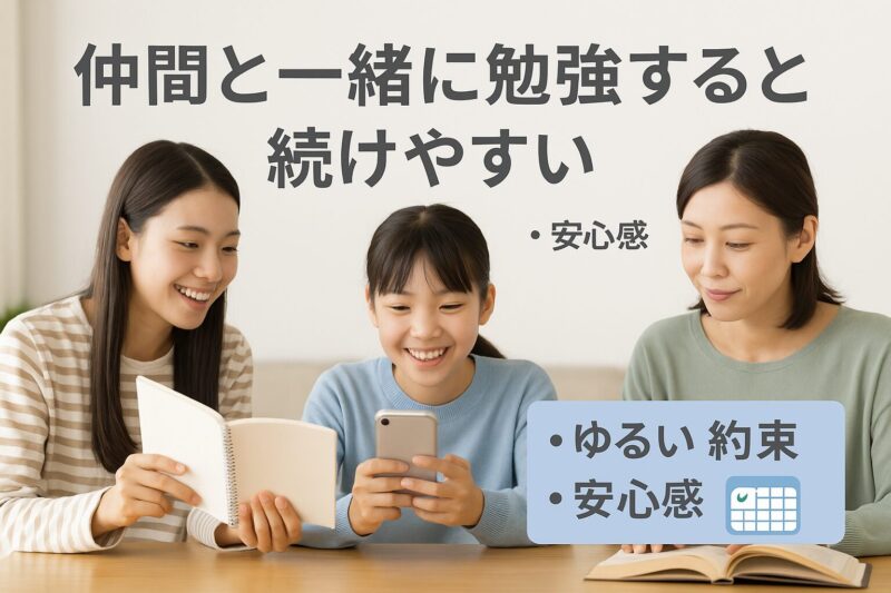 仲間と一緒に勉強することで、モチベーションと習慣化が高まる様子(Studying with friends boosts motivation and habit formation)