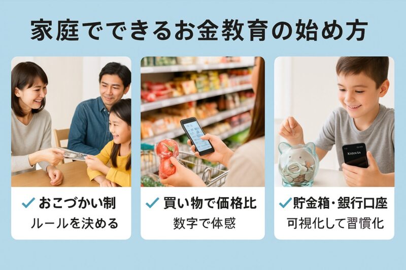 家庭でできるお金教育を3ステップで示すチェックリスト図(Checklist visual showing three steps for teaching financial education at home)