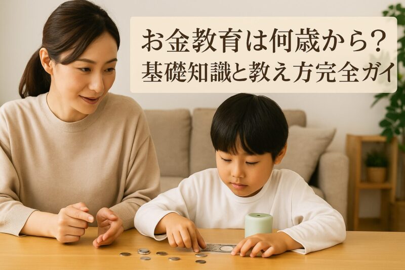 母親がリビングで子どもを見守りながら勉強を助ける写真風アイキャッチ画像（Photo showing a Japanese mother supporting her child studying at home for a money education guide）