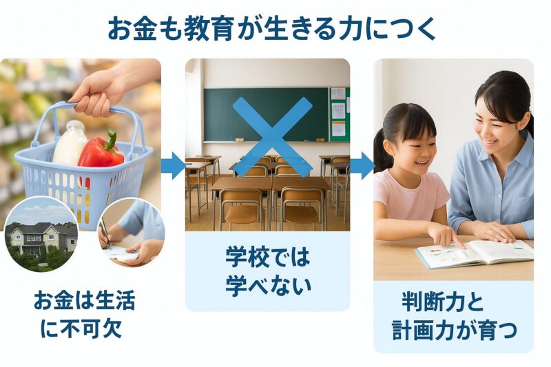お金教育が生きる力につながる理由を示すフロー図(Flow visual showing why financial education leads to life skills)