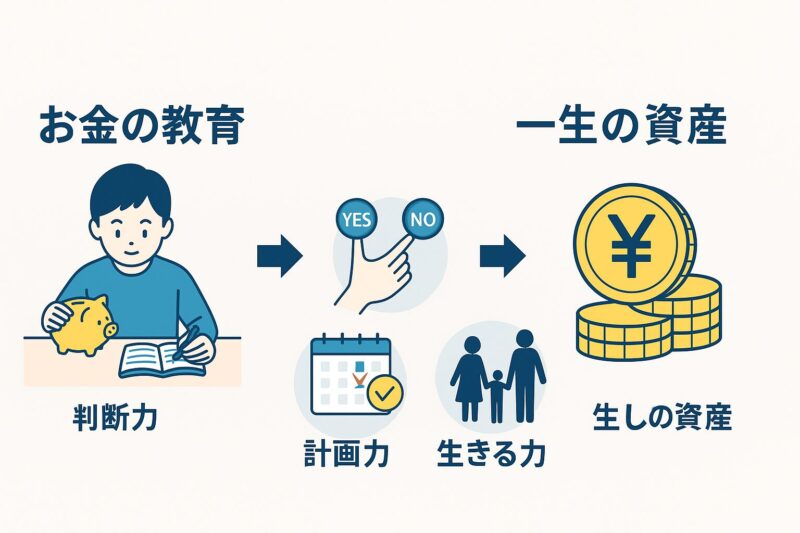 お金教育が判断力・計画力・生きる力を育み一生の資産となることを示すフロー図(Flow visual showing how financial education builds judgment, planning, and life skills as lifelong assets)