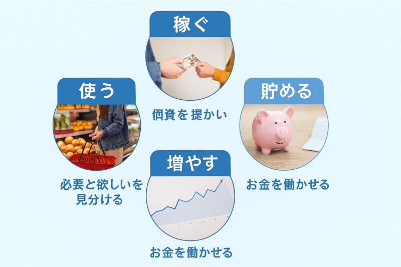 お金の使い方を稼ぐ・使う・貯める・増やすの4分類で示す要点図(Checklist visual showing four types of money use: earning, spending, saving, and investing)