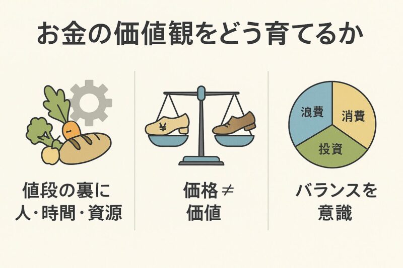 お金の価値観を育てるために背景理解・価格と価値の違い・浪費消費投資のバランスを示すシンプル図解(Simple diagram showing money values: background, price vs value, and spending balance)