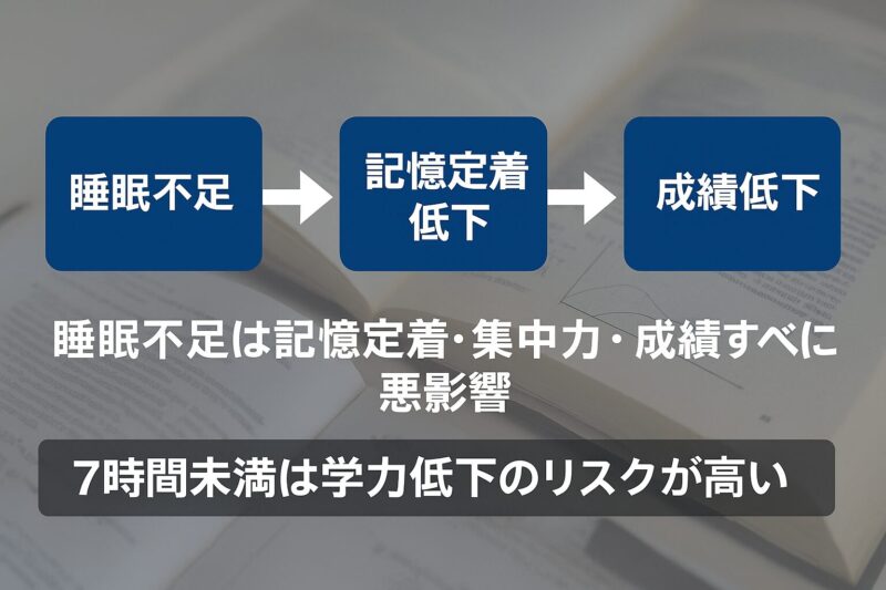 睡眠不足が記憶定着低下を経て成績低下に至る因果関係を示す図(Flow diagram showing how sleep deprivation leads to impaired memory consolidation and lower academic performance)