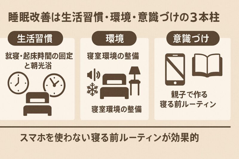中高生の睡眠改善に必要な生活習慣・環境・意識づけの3本柱を示す横長日本語図解(Horizontal Japanese infographic showing three pillars of lifestyle habits, environment, and awareness for improving adolescent sleep)