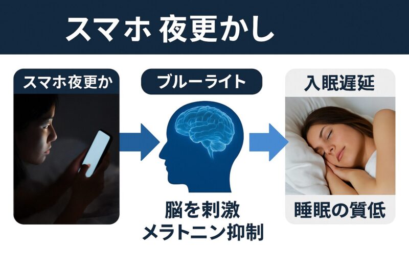 スマホ夜更かしが入眠遅延と睡眠の質低下につながる因果関係を示す日本語図(Japanese flow diagram showing how late-night smartphone use leads to delayed sleep onset and reduced sleep quality)