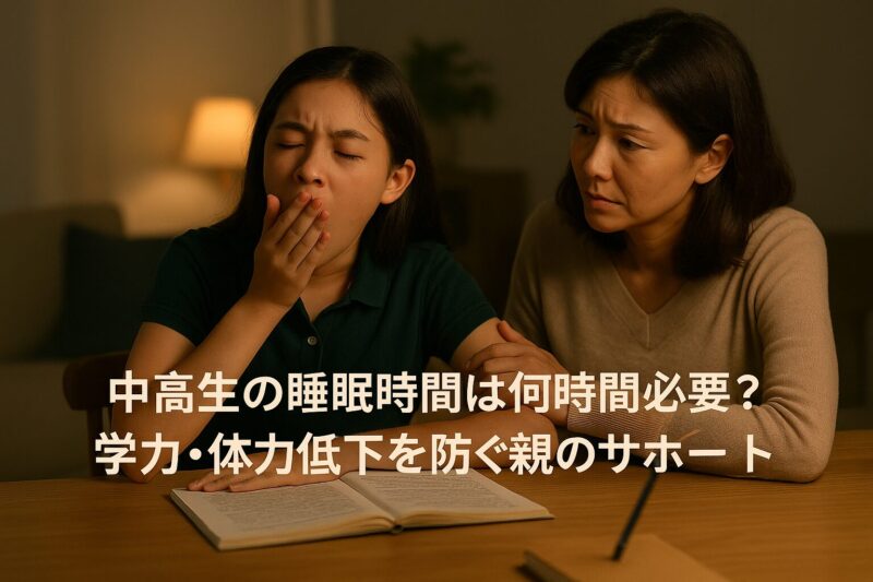 中高生の睡眠時間と親のサポートをテーマにした母子の家庭学習シーン写真（Photo showing a Japanese mother supporting her sleepy child studying at home, themed on sleep time and parental support for academic and physical health