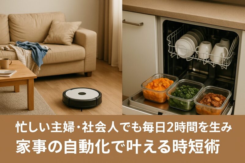 自動掃除機・食洗機・作り置きを描き、家事の自動化で毎日2時間の自由時間を生み出すことを示す横長の写真風アイキャッチ画像（Horizontal photo-style eyecatch showing household automation with robotic vacuum, dishwasher, and meal prep creating 2 hours free daily