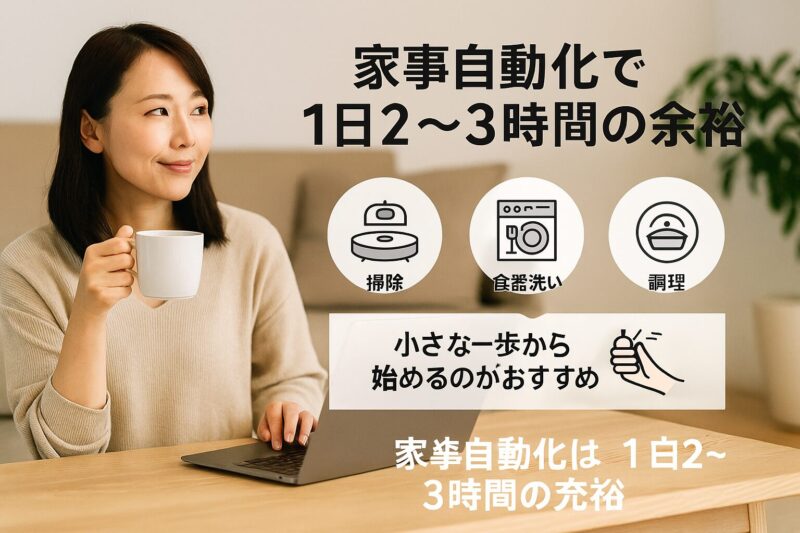 家事自動化で掃除・食器洗い・調理を効率化し、毎日2〜3時間の自由時間を確保できることを示す横長図解（Horizontal visual showing household automation saves 2–3 free hours daily by optimizing cleaning, dishwashing, and cooking）