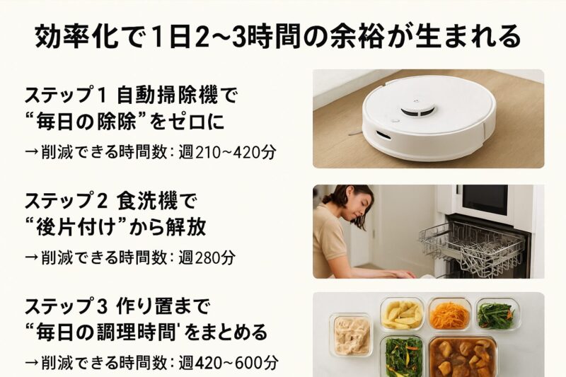 掃除・食器洗い・調理を自動化して週15〜21時間を削減し、1日2〜3時間の自由時間を生み出す図解（Simple horizontal diagram showing automation of cleaning, dishwashing, and cooking saves 15–21 hours weekly and creates 2–3 free hours daily）