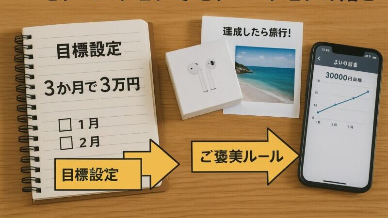 目標設定からご褒美ルールを経てモチベーション維持につなげる流れを示す図解(Flow diagram showing goal setting, reward rules, and motivation for saving)